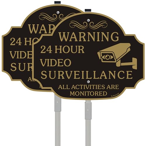 No Trespassing - This Property Has Video Surveillance Sign（2 Pack）,11" X 8" X 0.04" Metal Sign x 2 & 28" Metal Stakes Included x 2,-Reflective Aluminum,Fade Resistant And Weather Resistant.