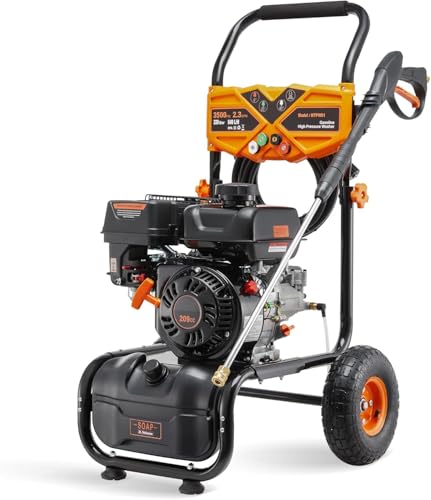 MUTAOMAY 3500PSI Gas Pressure Washer, 2.3GPM Gas Powered High Pressure Washer with 209CC Engine, 4 Adjustable Nozzles, 25 ft High Pressure Hose for Cleaning Walls, Terraces, Vehicles, Gardens (Orange)