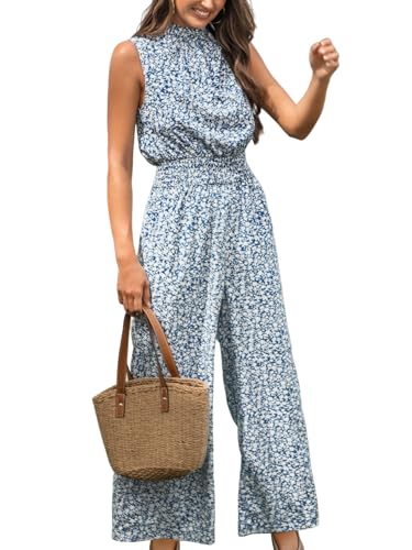 CUPSHE Floral Jumpsuits for Women Dressy with Pocket Mock Neck Wide Leg Business Casual Summer Maxi Long Romper Holiday Wedding Guest Jumpsuit Blue S