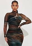 MOEENCN Women's Sexy Bodycon Midi Dress Long Sleeve Ruched Sheer Mesh See Through Printed Crew Neck Party Club Dressse