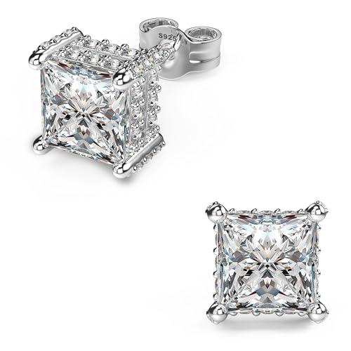 18K White Gold Plated Sterling Silver Pave Square Cubic Zirconia Stud Earrings 4 Prong Princess Cut CZ Simulated Diamond Stud Earrings for Men Women Hypoallergenic (White Gold, 5mm)