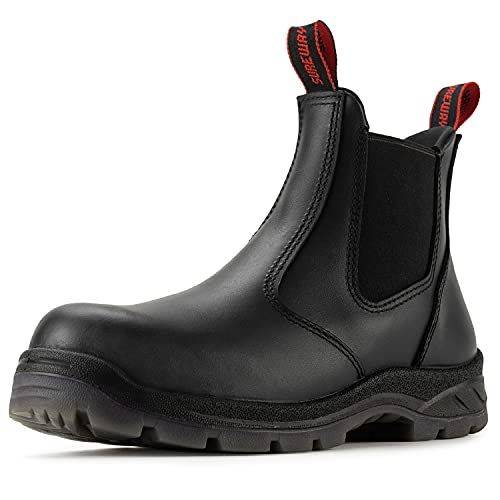 SUREWAY Men's Slip-On Work Boots for Men,Full Grain Leather,Anti-Static,Water/Slip Resistant,Fire Station Mechanic Industrial Construction Safety Boots/Shoes for Men,Soft Toe Black,Size 10.5