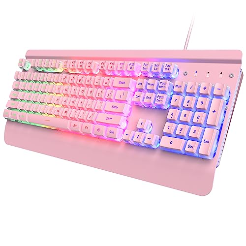 Pink Creamy Keyboard, 104 Keys All-Metal Panel, Rainbow LED Backlit Silent Gaming Keyboard, Wrist Rest, PBT Keycap, Anti-ghosting Keys, Light Up USB Wired Computer Keyboard for PC