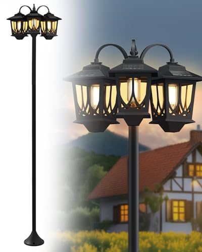 73" Aluminum Solar Lamp Post Light Outdoor Waterproof IP65 - 3-Head Pole Lights 90LM Auto On/Off Dusk to Dawn Floor Lamp for Patio, Garden, Pathway,Replaceable Bulb, Warm White (No Wiring Needed)