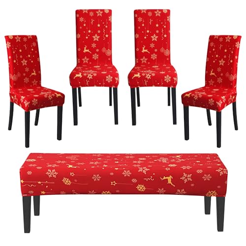 FORCHEER Christmas Dining Room Chair Cover Printed Chair Slipcover Set of 4 Washable Parsons Chair Slipcover Removable Seat Protector for Dining Room- 4 PCS Chair Cover+1 PC Bench Cover （Christmas 1）