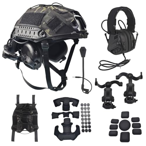 Airsoft Fast Helmet Set Tactical Helmet with Military Noise Cancelling Headset Rail Mount and Helmet Cover Memory Foam Protective Pad Adjustable Size for Adult and Teenager (Black)