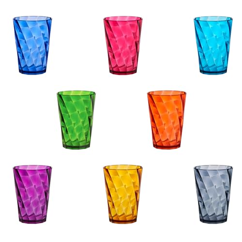 US Acrylic Optix Mini Plastic Reusable Drinking Glasses (Set of 8) 8oz Juice Cups in Jewel Tone Colors | BPA-Free Tumblers, Made in USA | Top-Rack Dishwasher Safe