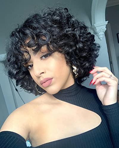 Quick Wig Human Hair Wigs Short Curly Bob Wig for Black Women None Lace Big Curly Wig with Bangs Pixie Cut African American Wigs Natural Black Color
