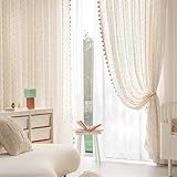 Boho Rainbow Sheer Curtain with Colorful Pom Pom Voile Drapes Light Filtering Faux Linen Stripe Pompom Rod Pocket Window Drapes for Boys/Girls Bedroom/Nursery 2 Panels (W52 X L84 Inch-2PCS,White)