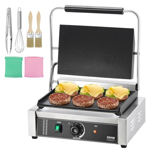 VEVOR Commercial Panini Grill, 1800W Electric Sandwich Panini Maker, Stainless Steel Sandwich Press Grill, Panini Grill with Temp Control & 14"x9" Full Flat Enamel Plate, for Hamburger Steak Bacon