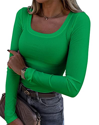 Roselux Womens Long Sleeve Scoop Neck Ribbed Knit Fitted Casual Tops Tee Slim Basic Shirts(3924,Green-M)