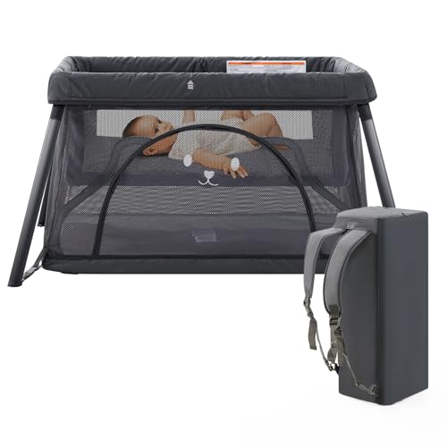 Sporary Travel Crib,Portable Crib for Baby, Pack and Play for Babies and Toddler, Lightweight Backpack Design,Foldable Travel Baby Playpen with Mattress(Dark Grey)