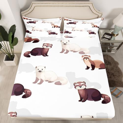 Erosebridal Ferret Fitted Sheet Kids Cartoon Ferret Bed Sheets,Lovely Wild Animals Bedding Sets Cute Wildlife Bedding Decor Set for Children Toddler Kawaii Room Decor Twin Size Plain White