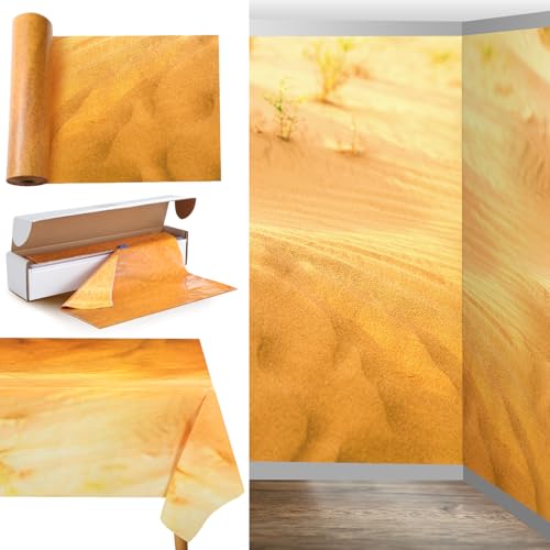 Oudain 54 Inch x 100 ft Desert Sand Wall Backdrop Tablecloth Roll with Cutter Box Plastic Western Party Background for Cowboy Wild West Birthdays, Beach Parties, Safari Themed Events (Gradient Gold)