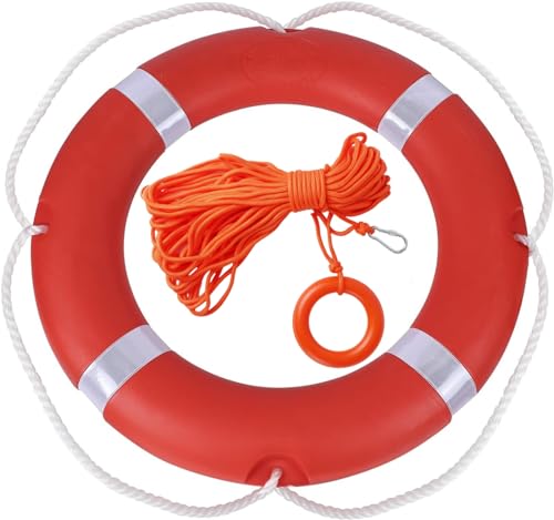 Life Ring Buoy Boat Safety Throw Ring with Water Floating Lifesaving Rope 98.4FT Set, Outdoor Professional Throwable Flotation Device (23in)