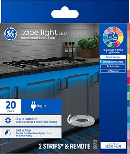 GE LED Tape Light, Color Changing Plug-In Light Strip Fixture with Timer, 20ft