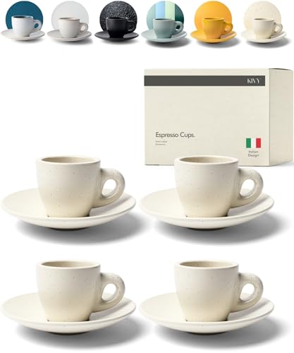 KIVY 3 oz Espresso cups set of 4 - Thick walled stoneware espresso cup set - Italian style espresso cups and saucers - Demitasse cups set of 4 - Espresso mugs - Demitasse cups and saucers sets
