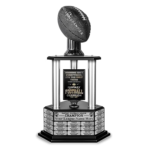 TrophySmack Fantasy Football Trophy - 19-Year Perpetual – 26” Customizable Championship Award with Free Engravings (Black Football | Silver Metal Columns)