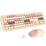 MOFII Wireless Keyboard and Mouse Combo, Full-Sized Colorful Typewriter Keyboard with Round Keycaps, 2.4G Cute Mouse Compatible with PC/Laptop/Computer,Milk Tea Color