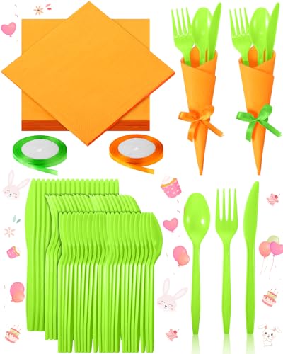 50 Sets Easter Plastic Cutlery Set Rabbit Theme Carrot Shaped Tableware Include Lime Green Disposable Spoons Forks Knives Orange Paper Napkins Satin Ribbons for Easter Party Bunny Birthday Decor