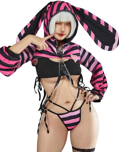 Mobbunny SUGAR BABY Yes Daddy Women Lingerie Set Black Pink Striped Bunny Girl Style Top and Panty Set with Fishnet Stockings and Chains