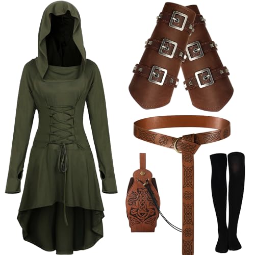 Suhine 5 Pcs Mardi Gras Renaissance Women Costume Medieval Hooded Robe Vintage Faux Leather Arm Pouch Belt(Medium,Dark Green)