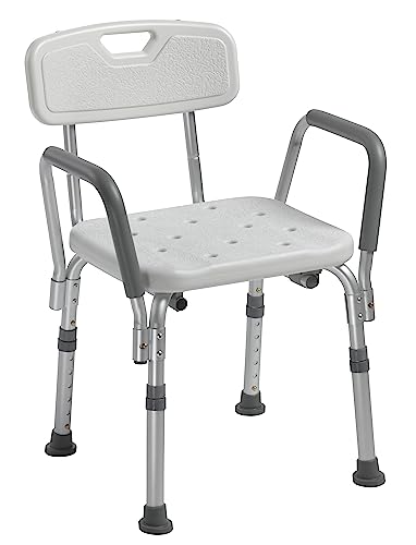 Drive Medical 12445KD-1 Shower Chair with Back and Padded Arms, Adjustable Height Bath Stool with Nonslip Feet, Tub Chair for Elderly, Bath Seat with Back, 350 LB Weight Cap, White