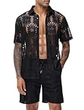 LecGee Mens Sexy Sets Mesh Short Sleeve Lace Shirt See Through Shorts Summer Sheer Two Piece Outfits(Black Flower,M)