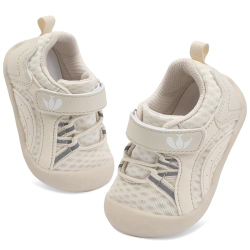 FEETCITY Wide Baby Shoes Baby First Walking Shoes Boys Girls Barefoot Infant Shoes Breathable Baby Tennis Shoes Beige 12-18 Months