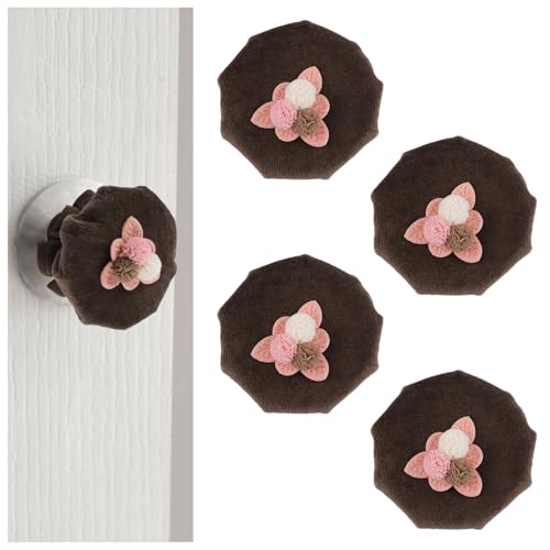 UFUFMATE Brown Floral Decorative Door Knob Covers, 4Pcs Cushion Door Knob Protector with Anti-Collision Strip for Closet and Drawer(80MM)