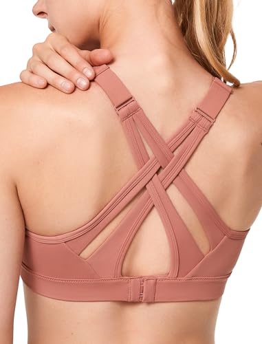 Yvette Sports Bra High Impact Adjustable Criss Cross Back, Full Support for Large Bust No Bounce, Rose Red,L