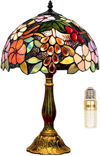 FUMAT Tiffany Table Lamp Hand-Made Grape Rose Stained Glass Table Lamps Bedside Nightstand Lamp for Bedroom, Living Room, Home Office Desk Lamp,Home Deco Art,W/LED E26 Bulb,12X12X18Inch