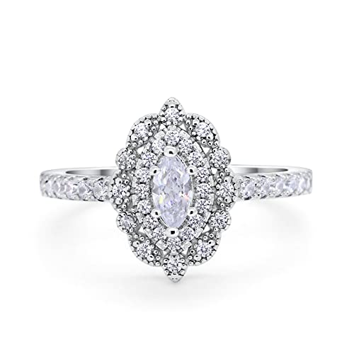 Blue Apple Co. Simulated Cubic Zirconia Size-7 Vintage Style Art Deco Marquise Wedding Engagement Bridal Ring Round CZ 925 Sterling Silver
