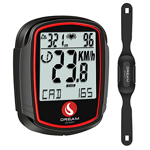 DREAM SPORT Wireless Bike Computer with Cadence Speed Sensor Heart Rate Monitor Speedometer Odometer with Backlight Altimeter HRM Calories Black (DCY438)