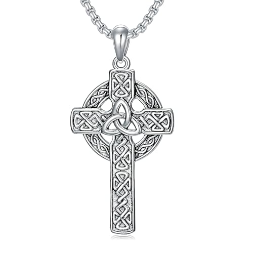 Oseew Irish Celtic Sterling Silver Cross Necklace Men Celtic Cross Necklace 22"+2" Mens Silver Celtic Cross Pendant