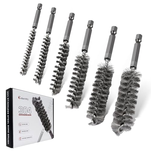 Columpro 6PCS 304 Stainless Steel Bore Brush Copper Pipe Cleaner, Twisted Wire Drill Brush,1/4 Inch Hex Shank S2 Steel Handle, for Power Drill Plumbing Tools