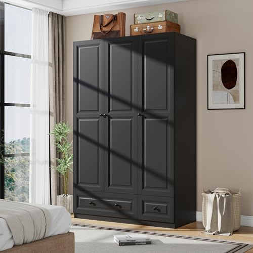 Black Armoire Wardrobe Closet with 2 Drawers: 74" Modern Wood Wardrobe Closet with 3 Doors, Storage Armoire with Shelves, Tall Clothes Cabinet for Bedroom (Black, 47")