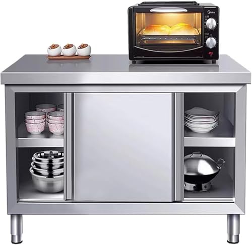 EHONXI Stainless Steel Commercial Worktable w/Sliding Doors for Prep & Work, 39" x 20" Commercial Kitchen Prep Table, Heavy Duty Workbench w/Cabinet for Home, Restaurant, Hotel and Garage