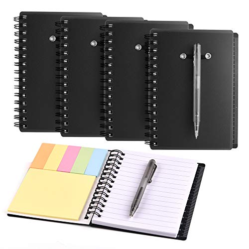 Coopay 4 Pieces Spiral Notebook Steno Pocket Notepad with Pen in Holder and Sticky Notes, Page Marker Index Tabs Flags Making Plans Writing Memos Office School Supplies (Black)