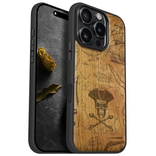 Carveit Magnetic Wooden Case for iPhone 16 Pro Case, Wood Artisan Engraved & Black Soft TPU Shockproof Cover, Compatible with MagSafe Wireless Chargers (Pirate Flag) Cherry