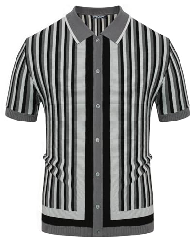 PJ PAUL JONES Knitted Polo Shirts for Men 50s Retro Vertical Striped Shirt Italian Button Down Polos Dark Gray