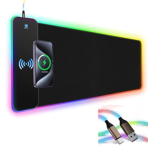RGB Gaming Mouse Pad Wireless Charging 15W with LED Cable, XXL Large Mousepad 800x300x4mm with 13 Light Modes Non-Slip Rubber Base, Waterproof Computer Mat for Home Office Gaming Keyboard Desk Decor