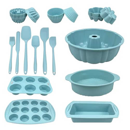 29PCS Nonstick Silicone baking set, silicone bakeware sets for oven, silicone molds for baking sets with silicone bakeable mini cake pans, baking spatulas silicone heat resistant set