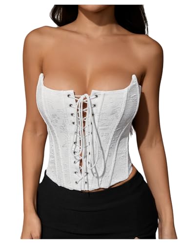 MakeMeChic Women's Strapless Y2K Corset Tops Renaissance Bustier Lace Up Floral Embroidery Grommet Tube Going Out Top White Large