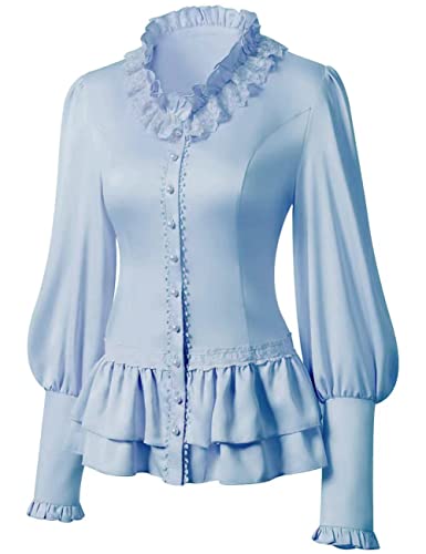 VANGARSUN Women Vintage Victorian Long Sleeve Corset Top Lace Ruffled Blouse Stand Collar Shirts(Blue,S)