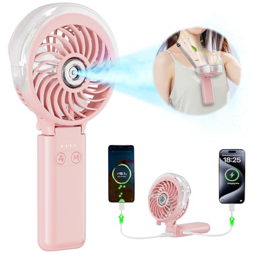 HandFan 5200mAh Upgraded Handheld Misting Fan, Personal Mister Fan, Spray Water Mist Fans USB Rechargeable, Electric Mini Cooling Ice AC Fans for Summer Beach Travel Gifts for Women(Pink)