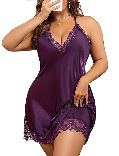 Avidlove Women Lingerie Plus Size Satin Lace Chemise Nightgown Sexy Full Slips Sleepwear Large-4X-Large (X-Large, 1 Purple)