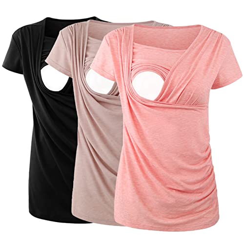 Ecavus 3PCS Women's Maternity Nursing Tops for Breastfeeding Short Sleeve Side Ruched Nursing Shirts