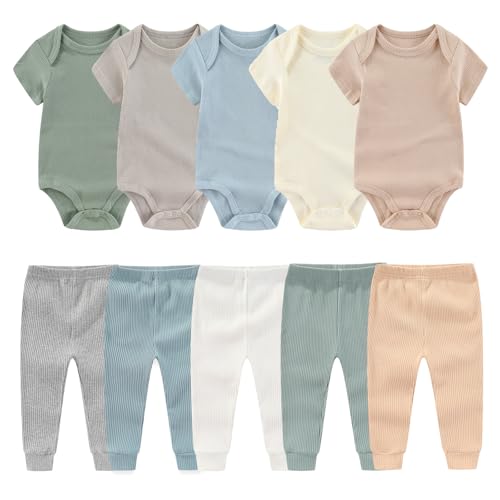 MAMIMAKA Newborn Baby Layette Gift Set 10-Piece Baby Boy Girl Short Sleeve Bodysuits with Pants Infant Outfit Essentials, 0-3 Months