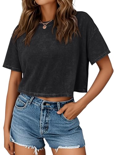 Trendy Queen Womens Crop Tops Short Sleeve T-Shirts Acid Wash Casual Summer Clothes Trendy Comfy 2025 Workout Baggy Soft Tees Black L